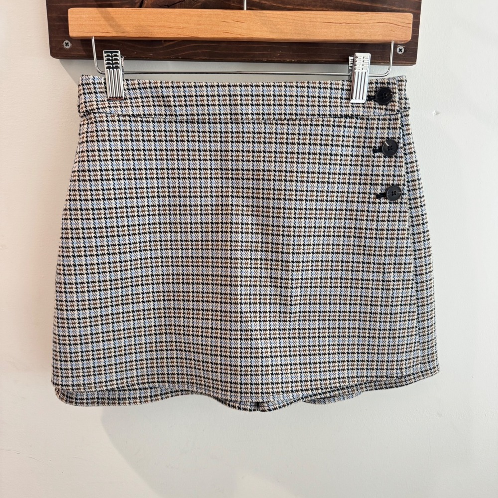 Claudie Pierlot Paris Blue Plaid Button Wrap Skort Size 36 Mini Skirt Shorts